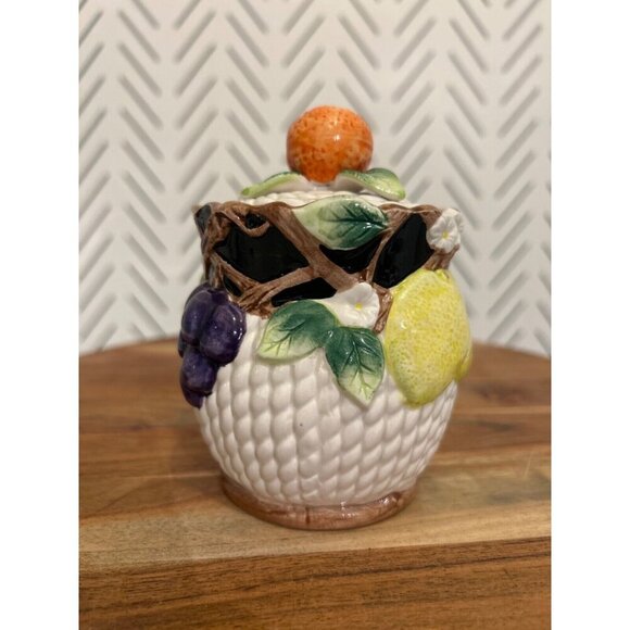 Fitz & Floyd Mediterranean Fruit Sugar Bowl Jam Jar Lid Spoon Vintage 1992 - Picture 3 of 10